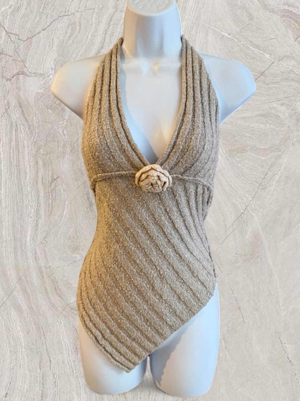 Y2K Boho Kimchi Blue Taupe Knit Halter Top Indie Sleaze